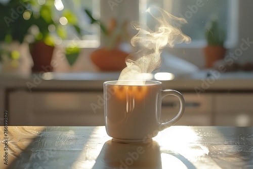 Coffee Mug: White coffee mug Steaming hot coffee inside Natural daylight Close-up shot 