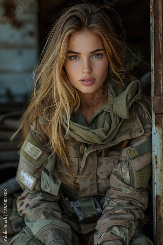 A beautiful girl soldier with blue eyes in a military uniform, full of determination and courage, in the background there is military equipment and field conditions. Copy space