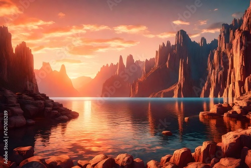 3d render, fantastic sunset landscape panorama with cliffs reflecting in the water. Abstract unique background. Spiritual zen wallpaper