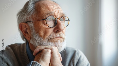 Pensive senior man with glasses resting chin on hand.