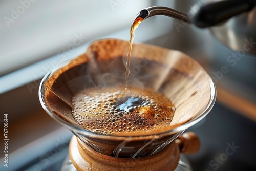 Fresh Coffee Brewing with Hot Water in Drip Filter Over Wooden Stand, Morning Beverage Preparation