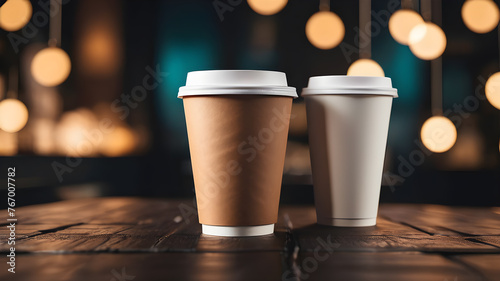 Ripple paper cup with lid. Coffee paper cup set with label. Brown plastic container for drink. Latte, mocha or cappuccino cup for cafe. AI generated image, ai