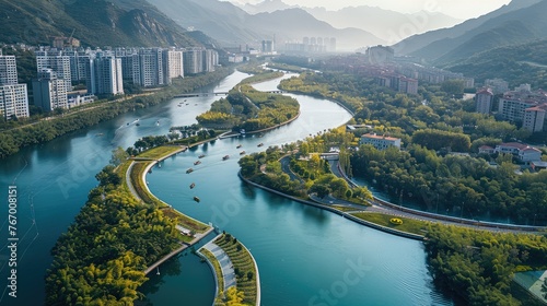 The winding river in the city urban park is surrounded by mountains, with buildings on both sides and concrete bridges connecting them. Aerial high view. Generative AI.