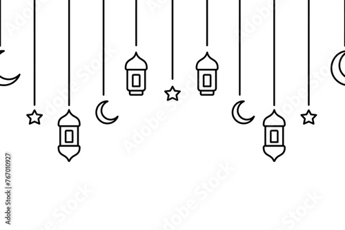 Garland for Ramadan. Crescent, star, lantern and Moroccan candlesticks. Sketch. Seamless horizontal vector border. Hanging decoration for Ramadan. Festive curtains on threads of different lengths. 