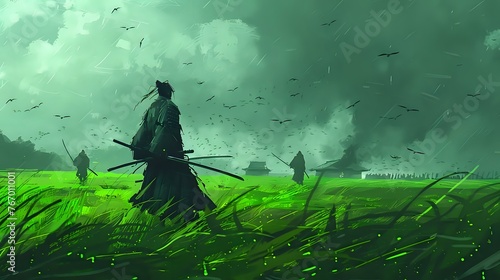 Cloudy Day Samurai: Raster Art Showing Warrior Amidst Green Field with Swords