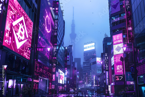 A futuristic cityscape with digital screens displaying Bitcoin and Ethereum logos: Symbolizing the integration of cryptocurrencies into mainstream finance and technology