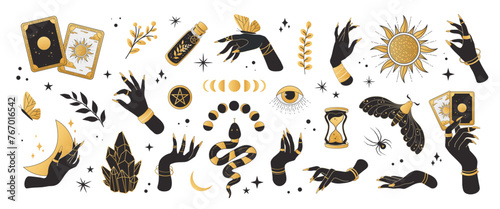 Boho mystical, esoteric set of vector icons and stickers. Black and gold color. Witch's hands, tarot cards, eye, snake, lunar day, moth, spider, crystals, potion