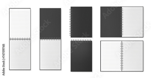 Diary or notebooks with open pages and covers. Vector isolated realistic sketchbooks or pocketbooks, memo sheet with lines for writing or taking notes. Organizer, school or office supplies mockup