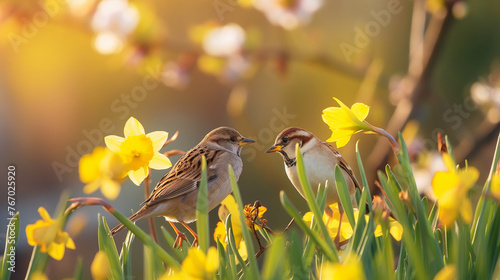 A bird in spring flowers.