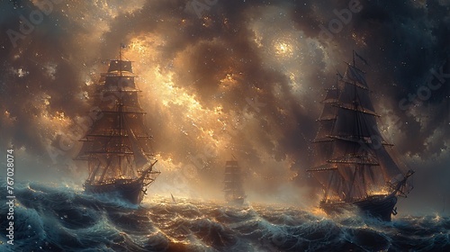 naval battle oil painting on the open seas dramatic weather