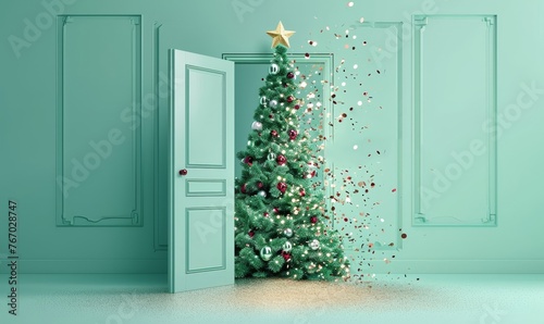 Christmas tree enters the door with glitter and confetti. Christmas greeting card design with huge white text on mint green background. 3D Rendering, 3D, Generative AI