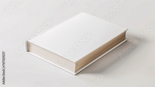 Mock-up of a thick book with blank white cover on a plain white background. New modern minimal book in isometric view.