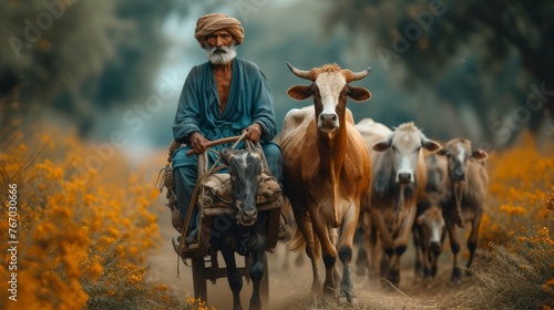  Man rides horse alongside cow herd in yellow flower field