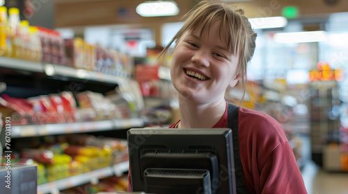 A young woman with Down syndrome smiling happily while working as a cashier at a grocery store. Learning Disability