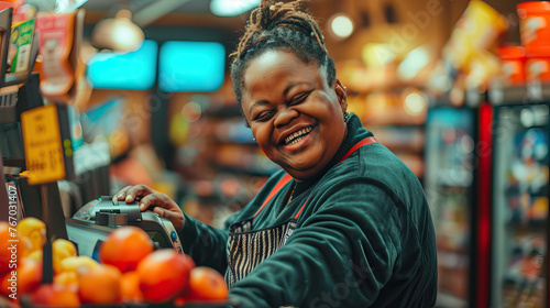 An African American woman with Down syndrome smiling happily while working as a cashier at a grocery store Learning Disability