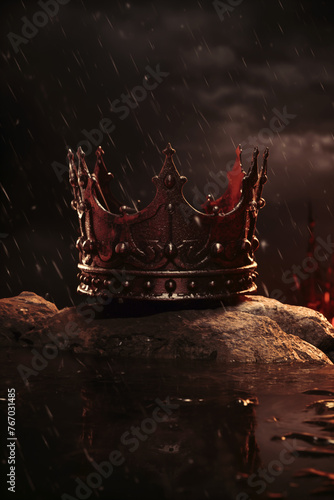 Fantasy medieval concept of a Royal crown and blood. Rise and fall of empires. Mythology and Historical death of a King or Queen. Other Symbolism: retribution, inquisition, rune, expanse, desolation