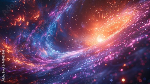 A creative cosmic background portrays a hyper jump into another galaxy, with neon glowing rays, fireworks, and falling stars in motion.