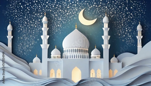 White mosque at night, paper cut art. 