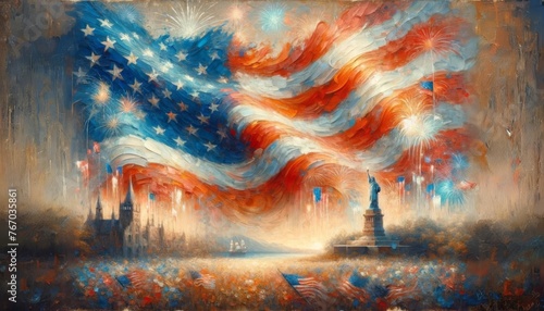Abstract American Flag and Fireworks Painting. A stirring abstract painting capturing the American flag and celebratory fireworks in a swirl of colors.