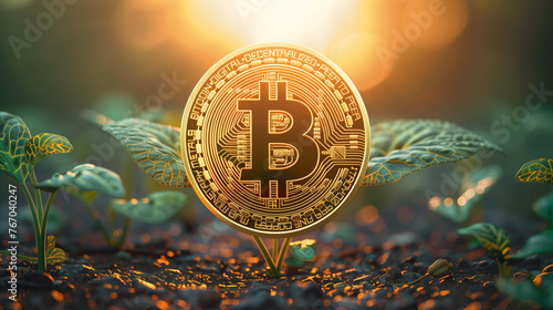 Bitcoin plant sprouting from the earth with golden sunset in the background, eco-friendly green cryptocurrency concept