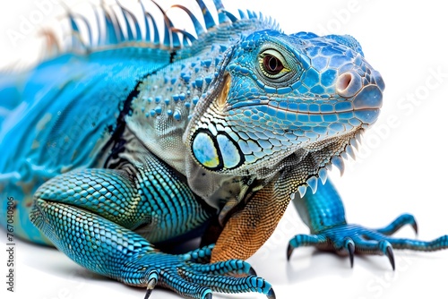 Captivating Close-up of Vibrant Blue Iguana on White Background Showcasing its Intricate Scales and Striking Natural