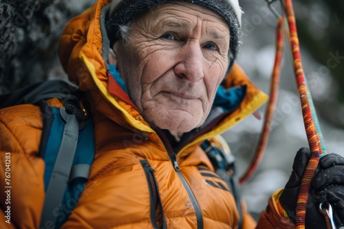Close-up of an adventurous climber in winter gear holding a rope