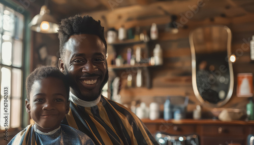 A man and a child are sitting in a barbershop