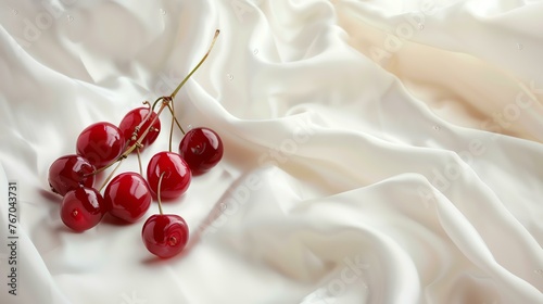 A handful of ripe red cherries with water drops on a white silk background.