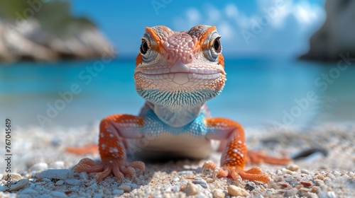  Close-up of a lizard on a beach, with a rock outcropping in the foreground and a body of water behind it