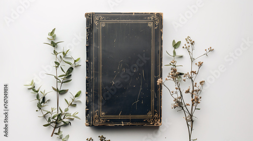 Mock-up of a book with blank black leather cover on a white background with green branches and little flowers. Classic old book style in front view.
