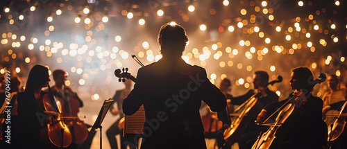 A conductor stands in front of a group of musicians playing violins. The scene is set in a large concert hall with a bright stage lighting. The conductor is the focal point of the image