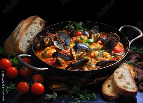 Mediterranean style mussels cooked in tomato sauce served with bread in a pan