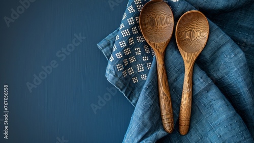 Culinary simplicity with wooden spoons on a textured blue kitchen cloth backdrop