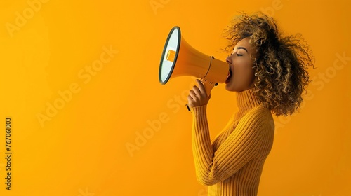 A young woman yelling in a megaphone on a vibrant yellow background, real photo