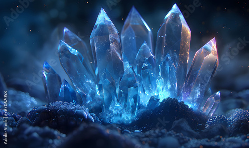 Enchanting Blue Crystal Formation Illuminated by Magical Light