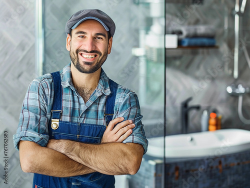 A confident smiling plumber in uniform posing in a modern bathroom setting 