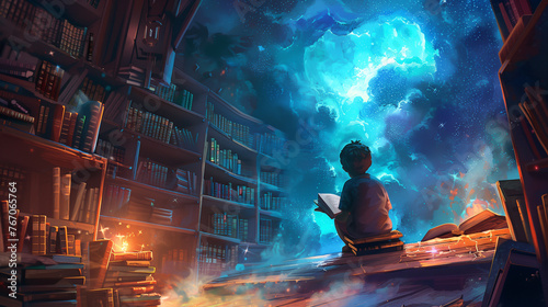 A boy is sitting on the floor in a room full of books. He is reading a book and looking up at the sky. The room is filled with bookshelves and the sky is filled with stars.