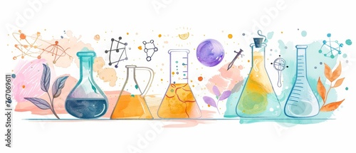 The set of chemistry and science icons is a hand drawn doodle style collection of laboratory equipment. Kids chemistry and science elements, formulas, and test tubes for children. It has a lettering