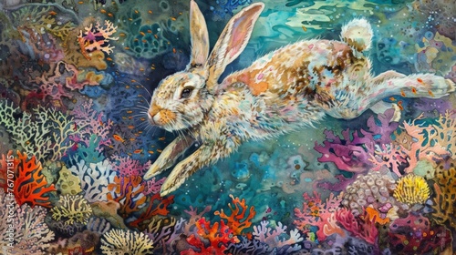 Watercolor painting of a rabbit, abstract underwater background. Rabbits are herbivores only. They like to jump, run around, dig in the ground, and lie down with their legs stretched out.