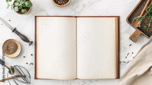 Mock-up of blank pages of an open notebook with copy-space for text on a white background with herbs, cooking and baking stuff and ingredient ornaments decoration.
