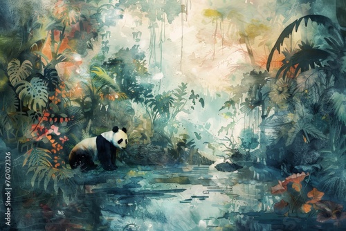 Watercolor painting of a panda beside a stream in the forest. It's a mammal. The giant panda's distinctive feature is the black fur around its eyes, ears, shoulders, and four legs. 