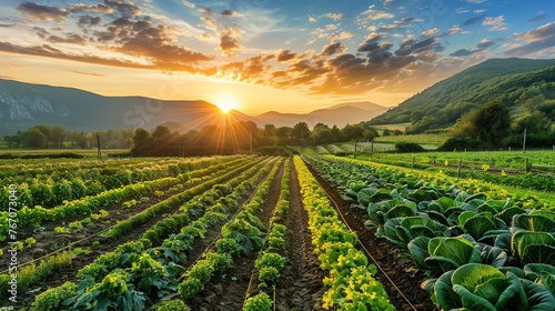 A lush, green farm field with rows of vegetables growing in the foreground and a beautiful sunset over the mountains in the background.