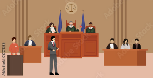 lawyer talking to magistrate in court, trial of law vector illustration, Court of Justice Trial