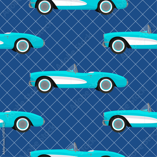 Retro seamless pattern with blue corvette car. Classic american automobile background for textile, wrapping paper, fabric, wallpaper, cover. Vector