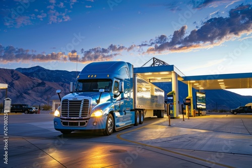 A modern semi truck parked at a gas station, refueling to continue its journey