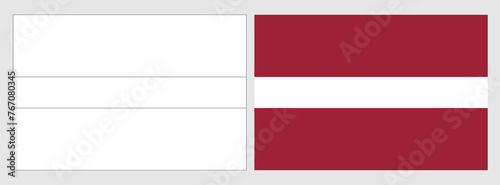 Latvia flag - coloring page. Set of white wireframe thin black outline flag and original colored flag.