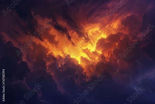 Dramatic Stormy Sky with Dark Clouds and Lightning Bolts, Digital Illustration