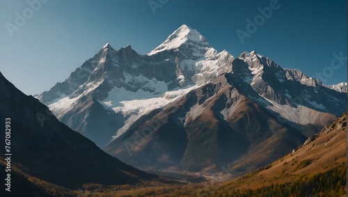 Towering mountains against a background of clear blue sky
