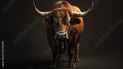 Here is a description that could be used for the image: A brown bull with long horns stands in front of a black background.