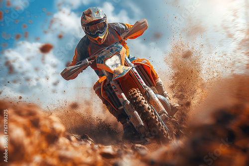 man motorcycle biker racer on sports enduro motorcycle in off-road race rally riding on dirty dusty road in nature